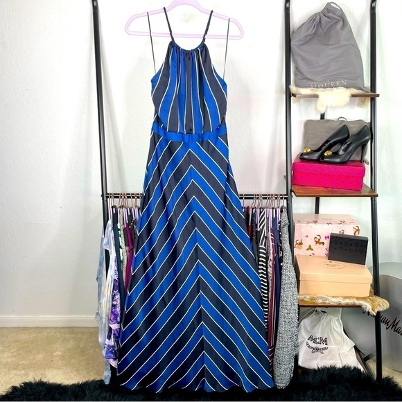GUESS Los Angeles Navy Blue Chevron Stripe Criss Cross Nautical Satin Maxi Dress - Picture 1 of 9